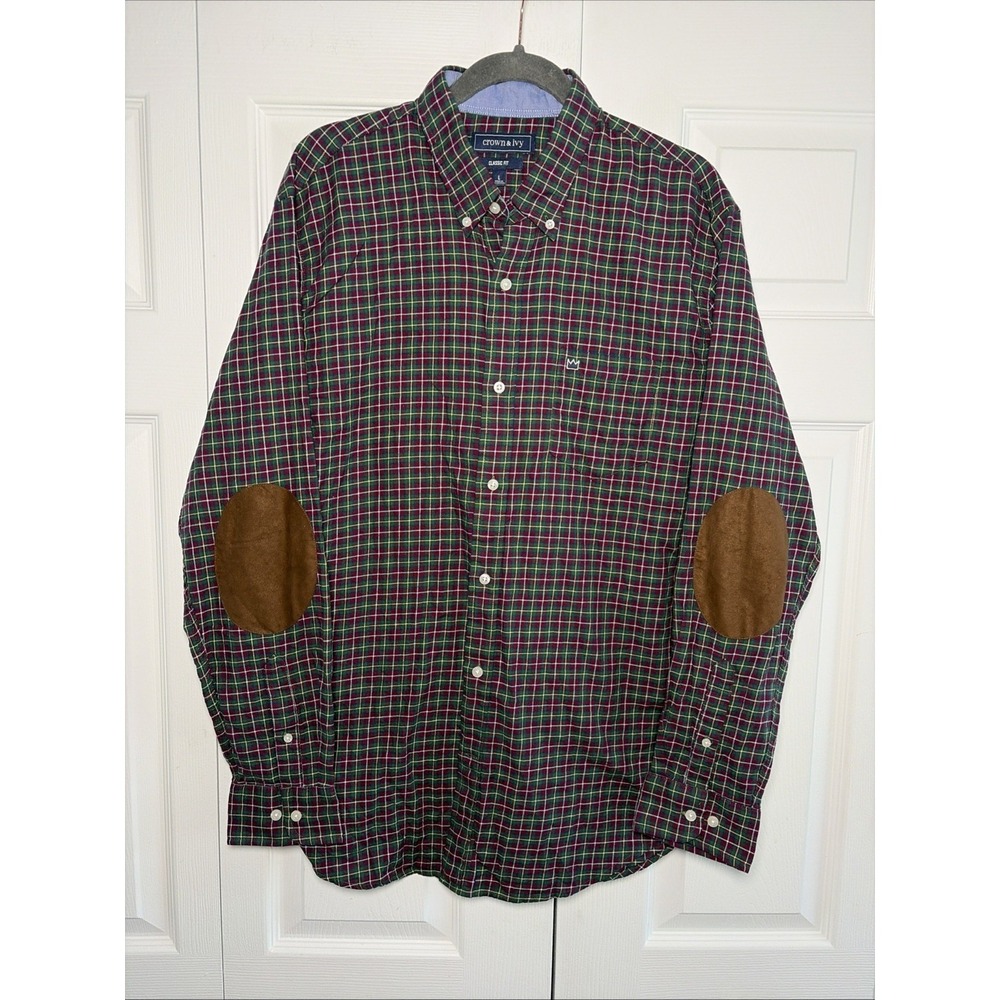 Crown & Ivy Classic Fit Shirt‎ Mens Size L Green Plaid Elbow Patch Cotton Preppy
